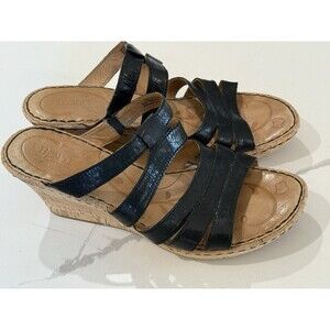 Born Women's Lisi Sandals Size 11 Cork Wedge Heel Strappy Slide Black‎ Leather